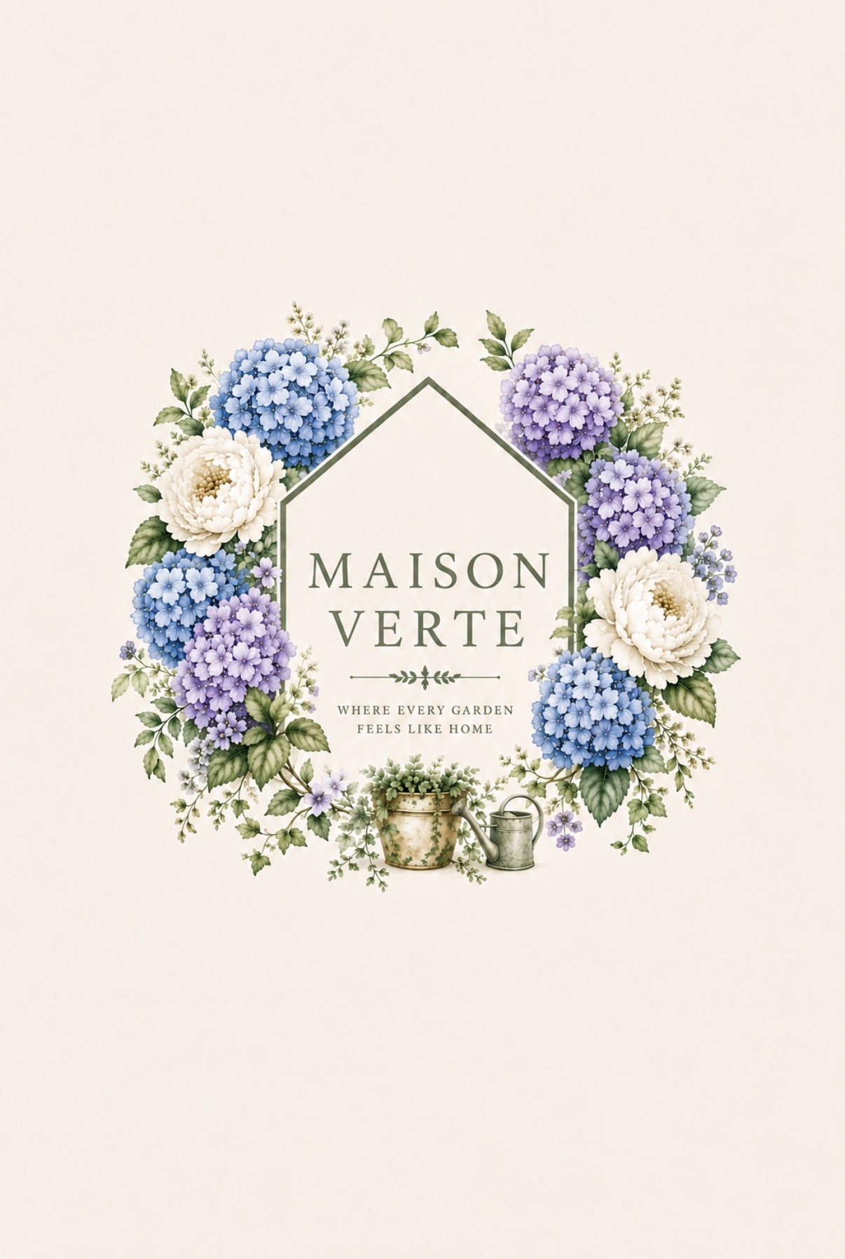 Maison Verte logo — a wreath of blue and lavender hydrangeas around the words Maison Verte, where every garden feels like home