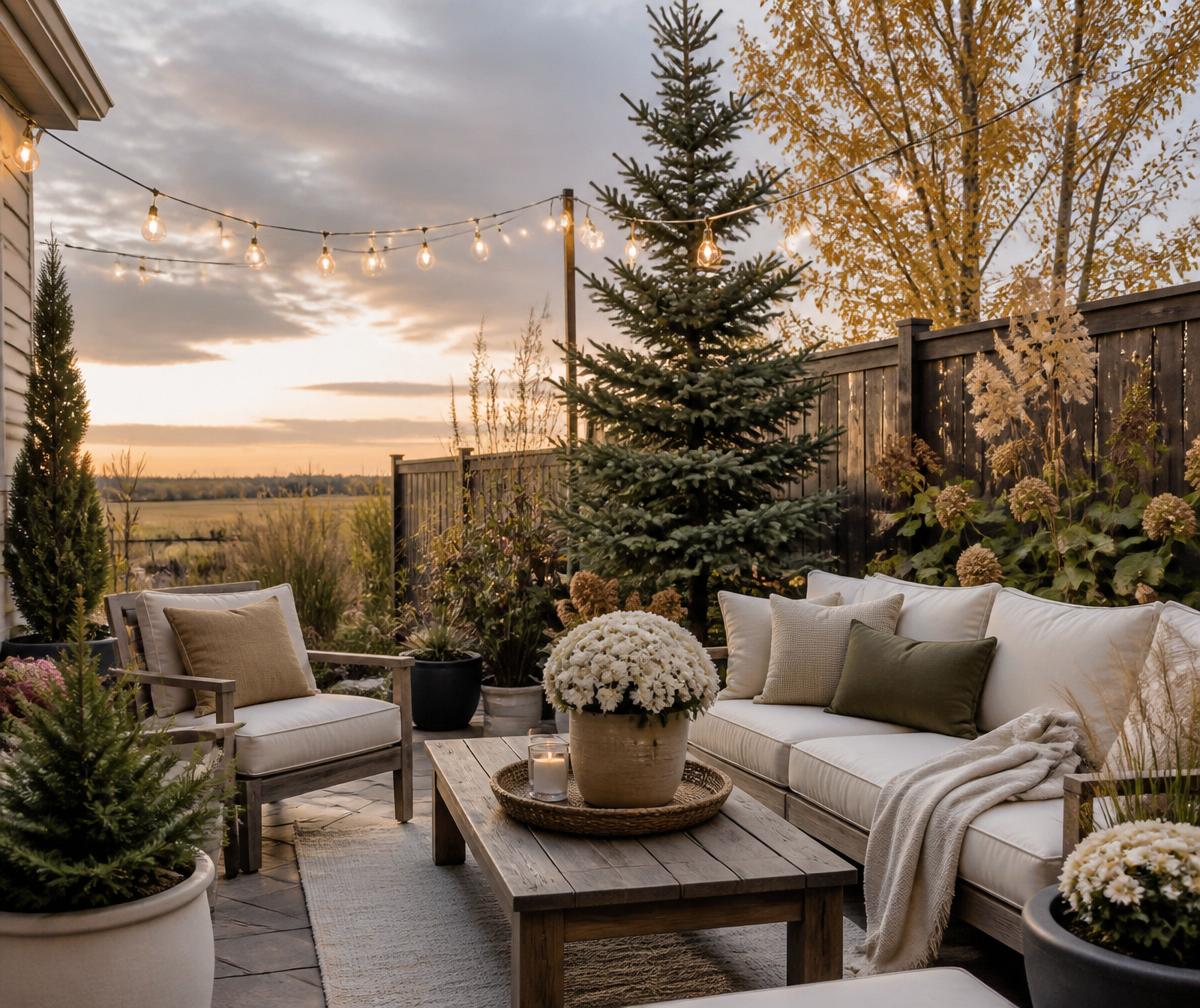 Styled Alberta patio with evergreens, planters and string lights at sunset