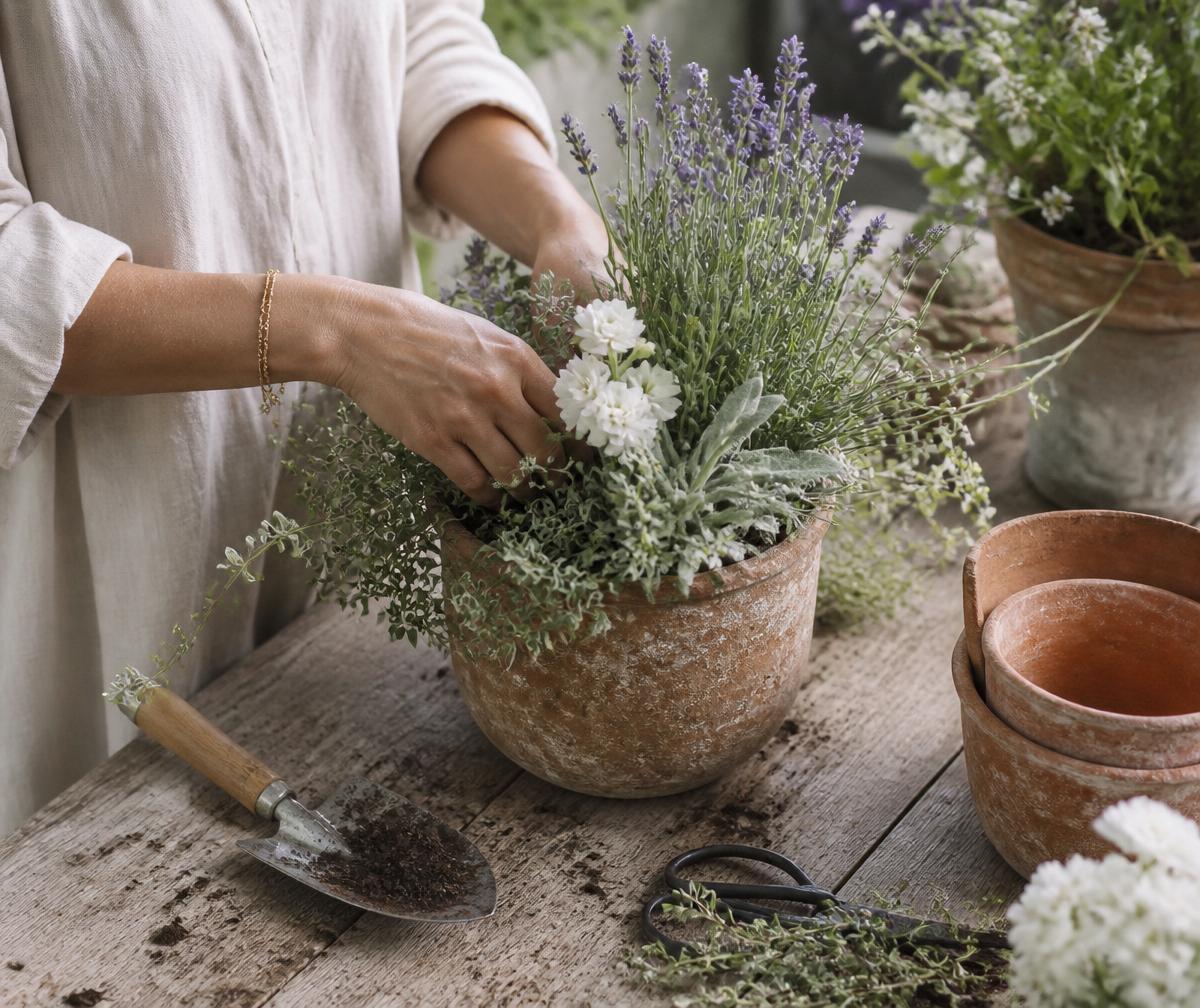 Hands planting a seasonal container with lavender and white blooms
